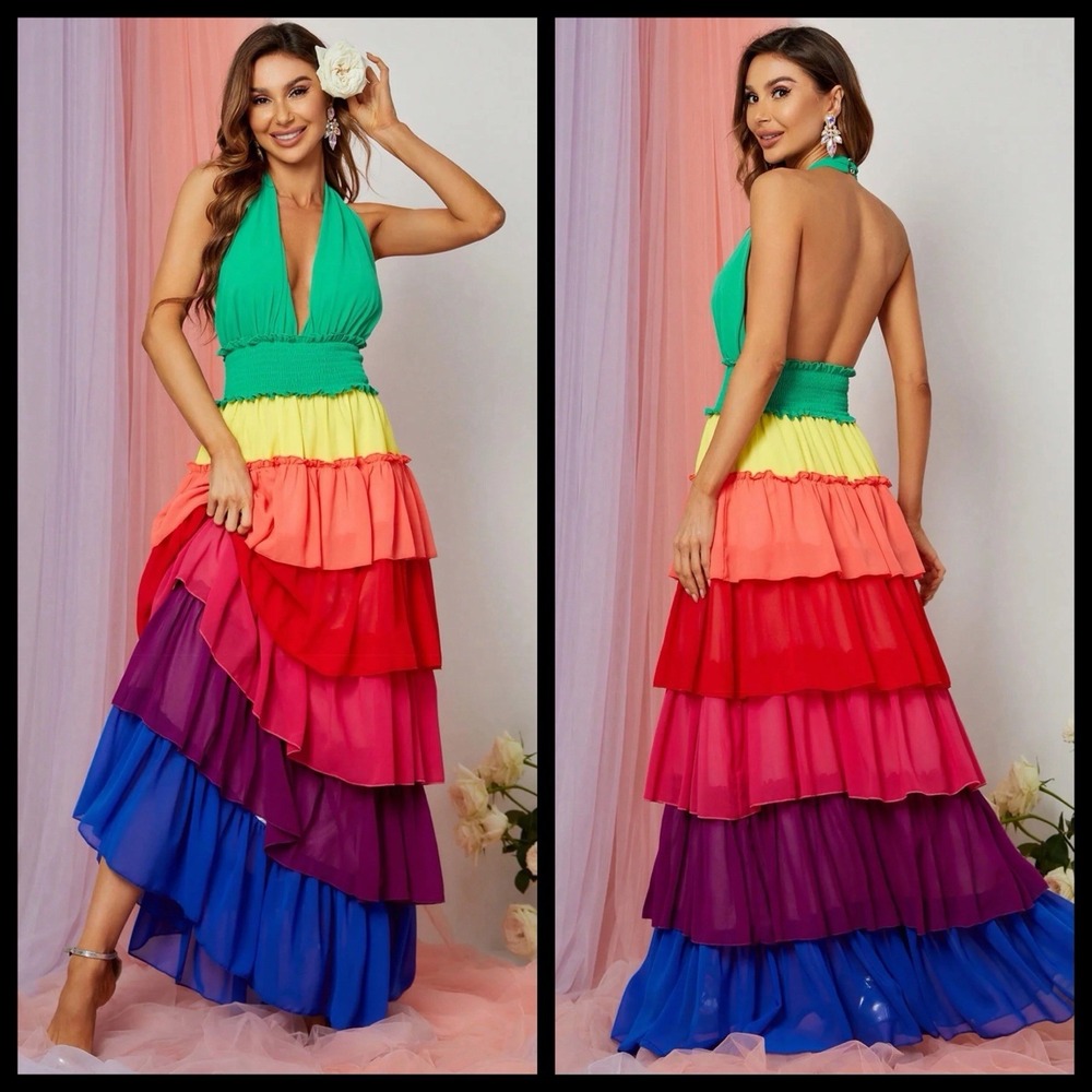 Rainbow Colorblock Tiered Ruffle Halter Dress Sz L Backless Chiffon Resortwear